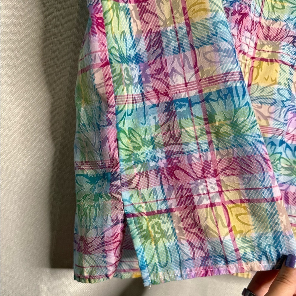 Vintage Alfred Dunner Colorful Plaid Floral Semi Sheer Button Up Oversize Small - Picture 5 of 9